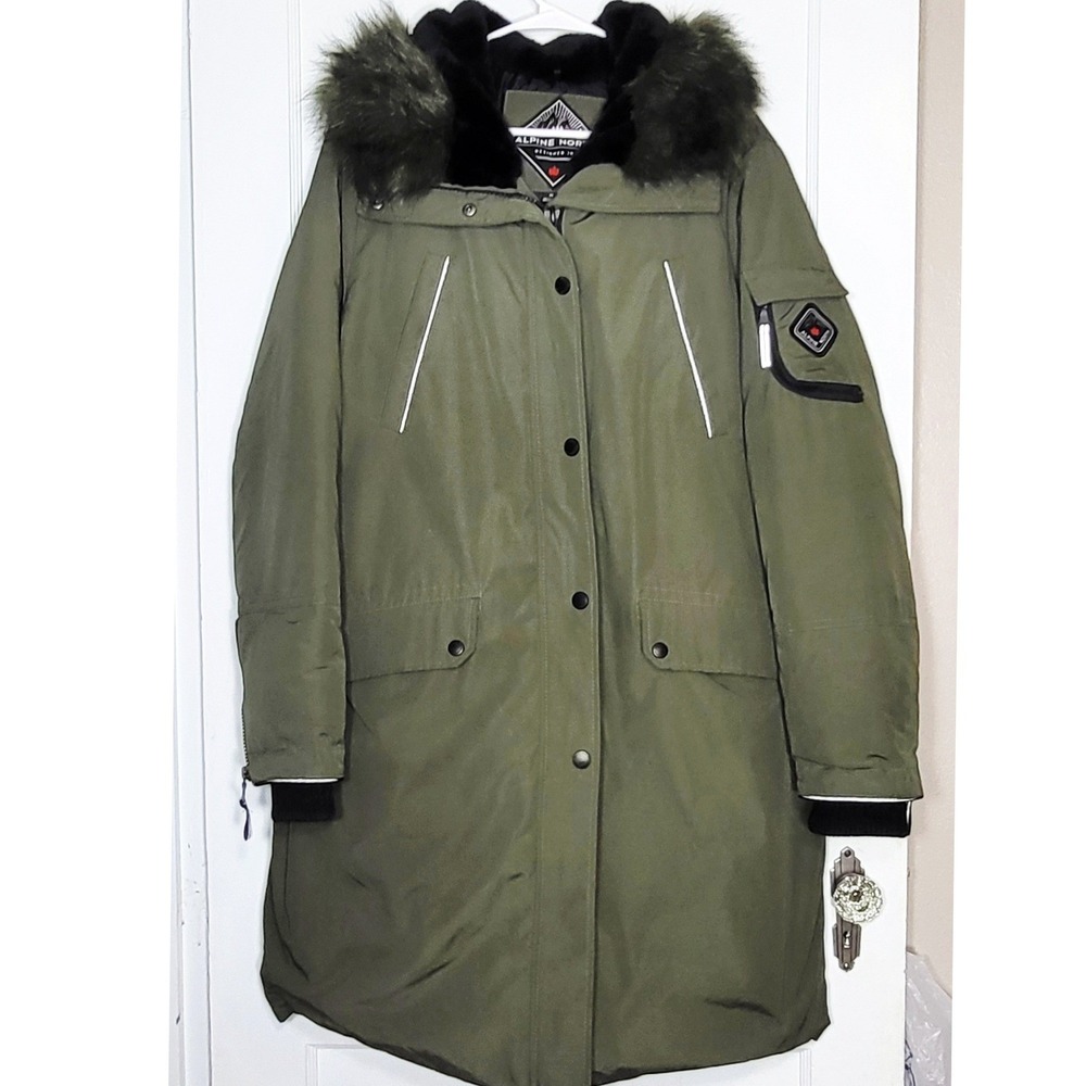 Alpine North Womens Vegan Down Parka Olive Green Faux Fur Hood Coat 1X